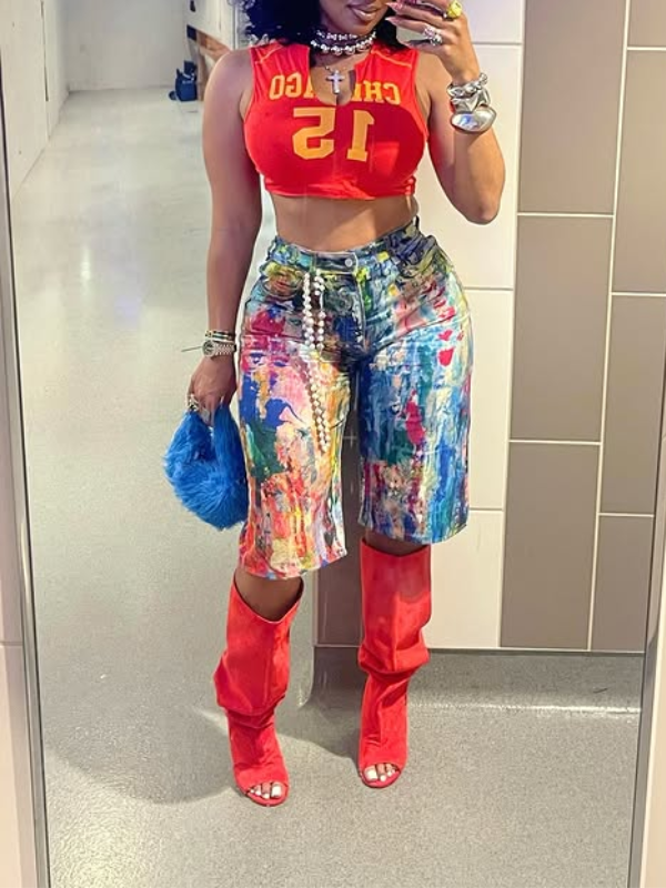 Printed Denim Shorts