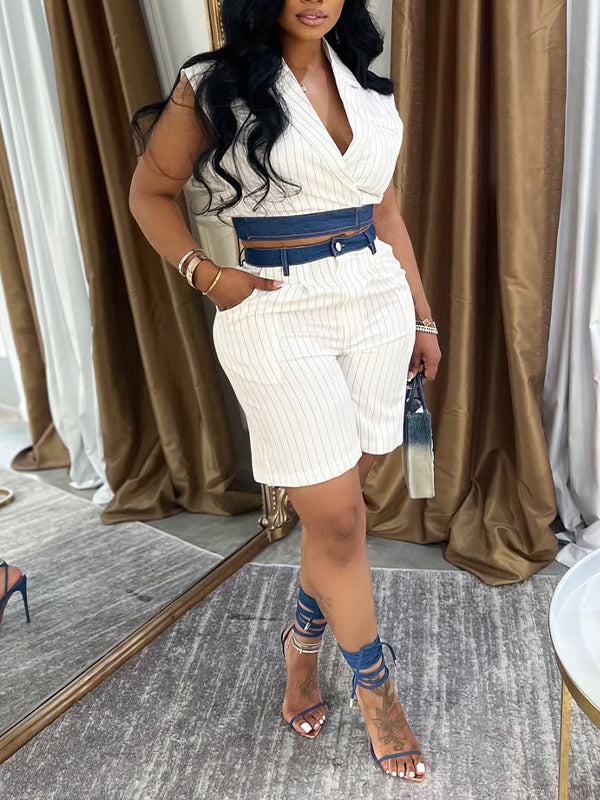 Denim Combo Stripe Vest & Shorts Set
