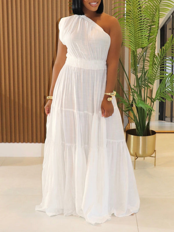 Solid One-Shoulder Ruffle Dress