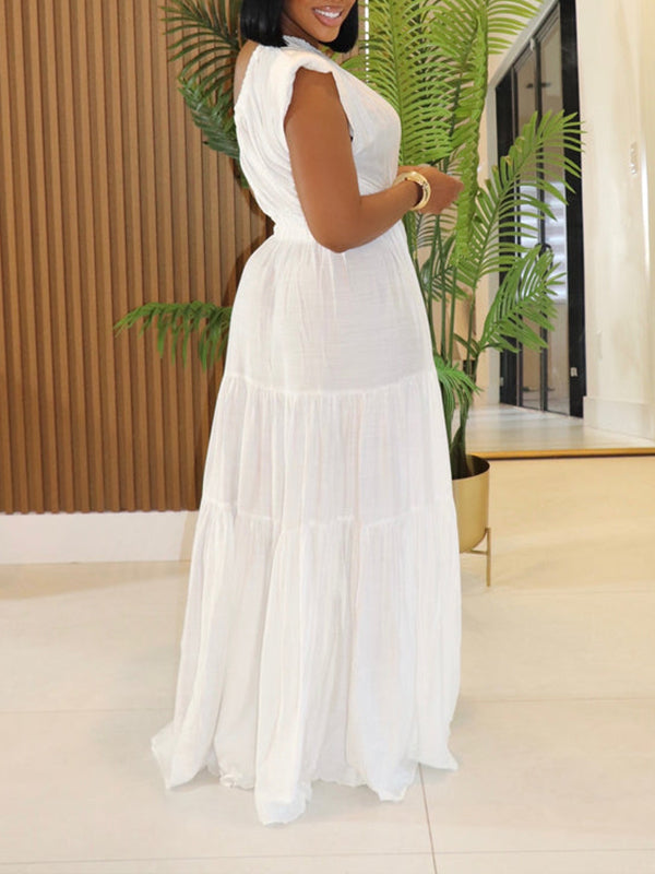 Solid One-Shoulder Ruffle Dress