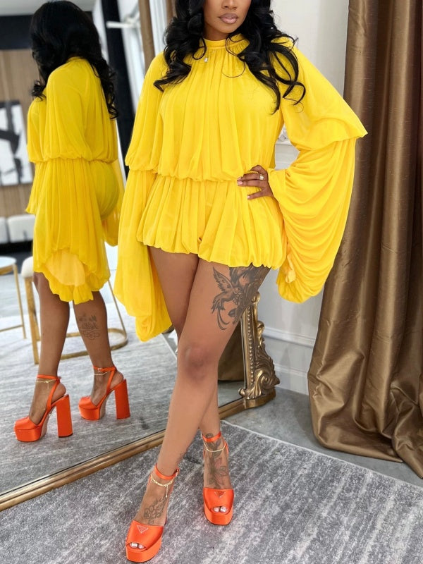 Bell-Sleeve Ruched Romper