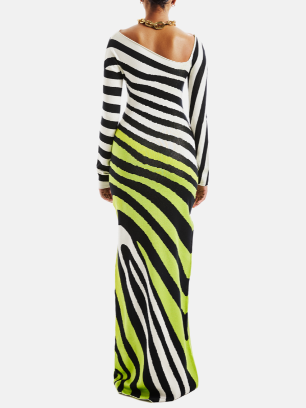 Stripe Asymmetric-Neck Maxi Dress