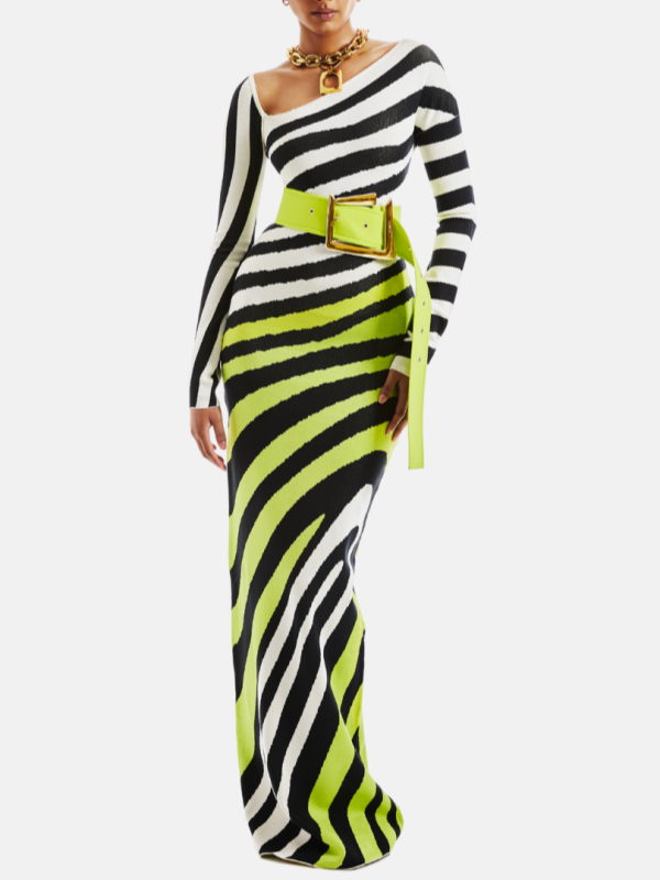 Stripe Asymmetric-Neck Maxi Dress