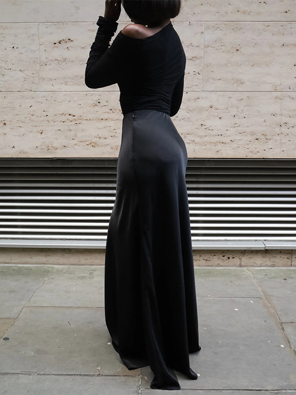 Faux-Leather Belted Satin Combo Maxi Dress