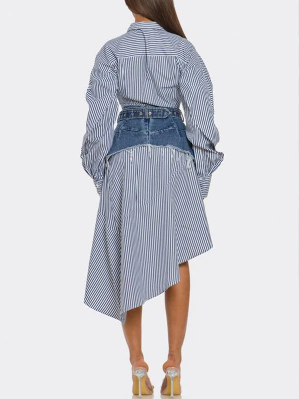 Stripe Shirt Dress with Denim Skirt