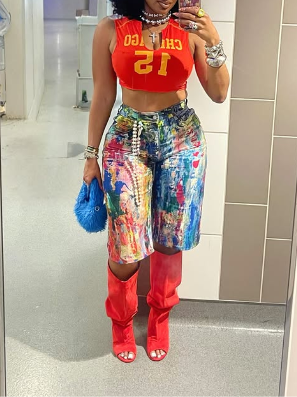 Printed Denim Shorts