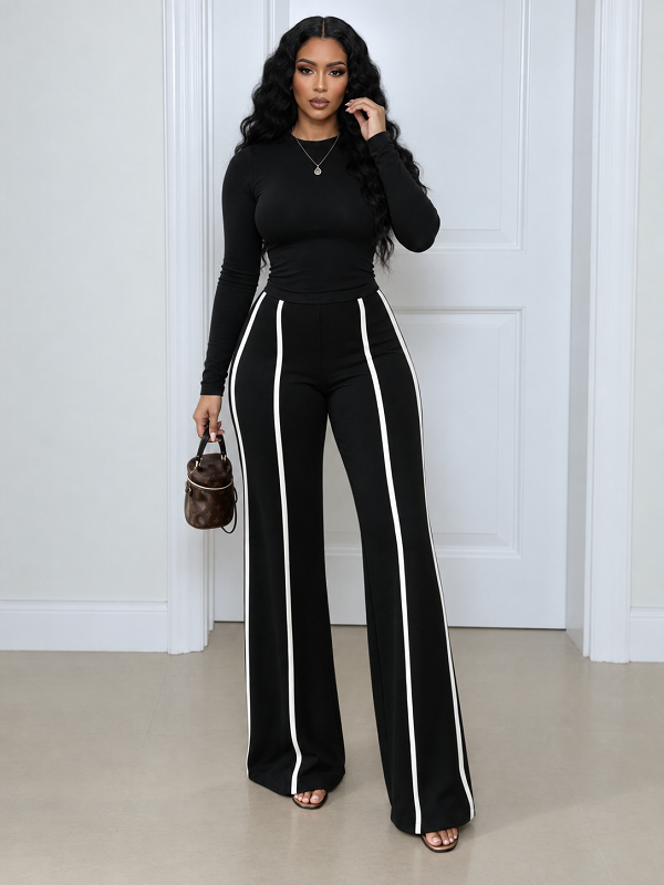 Solid Top & Striped Pants Set