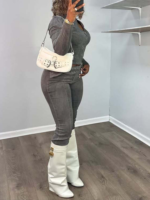 Denim Zip-Front Jacket & Pants Set