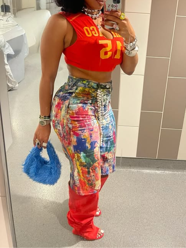 Printed Denim Shorts