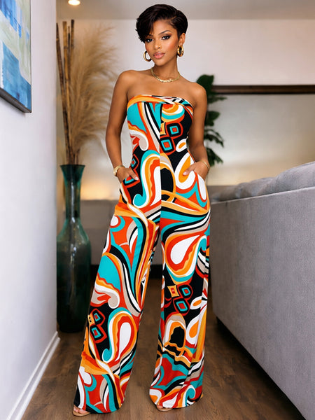 Printed Strapless Tied-Back Jumpsuit