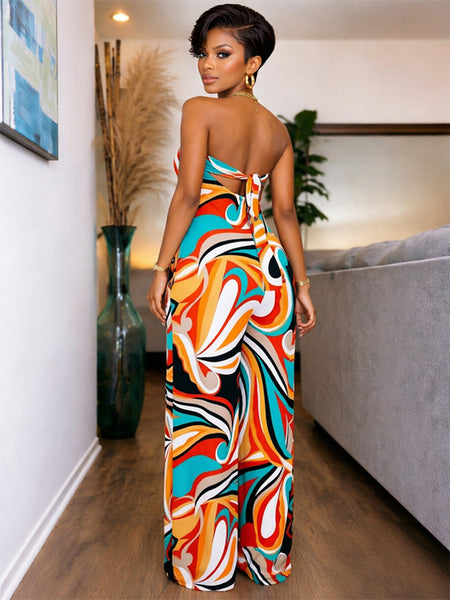 Printed Strapless Tied-Back Jumpsuit