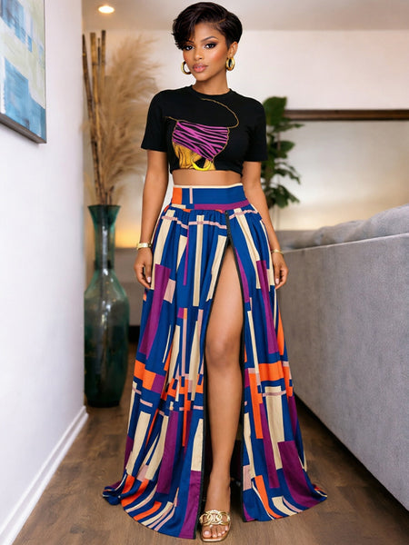 Graphic Crop Top & Colorblock Slit Skirt Set