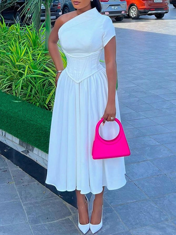 Solid One-Shoulder Midi Dress