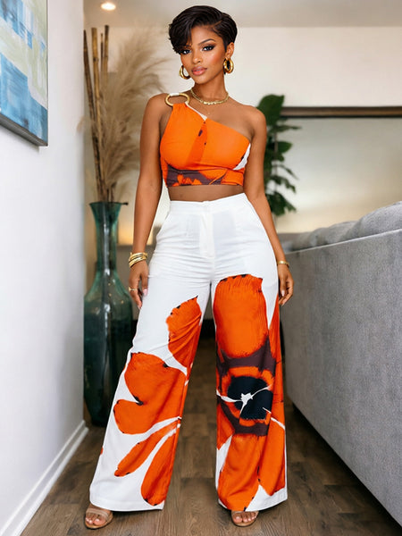 Printed One-Shoulder Top & Wide Leg Pants Set