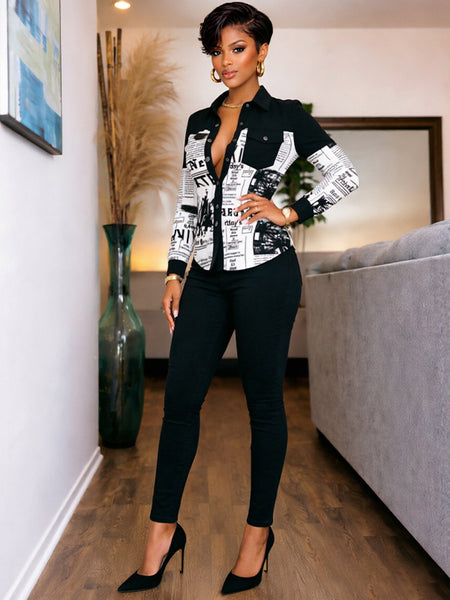 Button-Front Houndstooth  Shirt