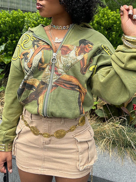 Printed Zip-Front Hoodie - Queenfy