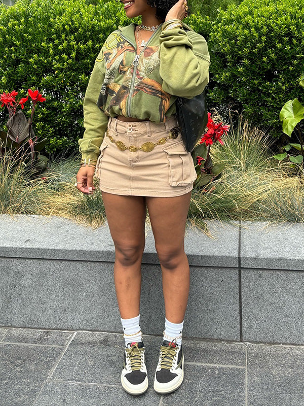 Printed Zip-Front Hoodie - Queenfy