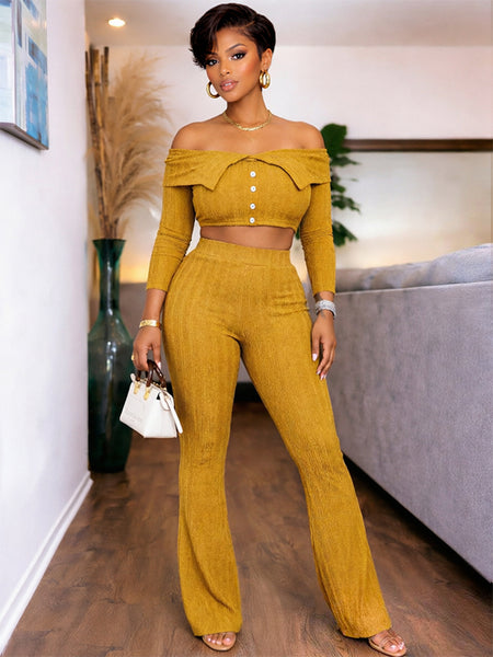 Off-Shoulder Button Top & Pants Set