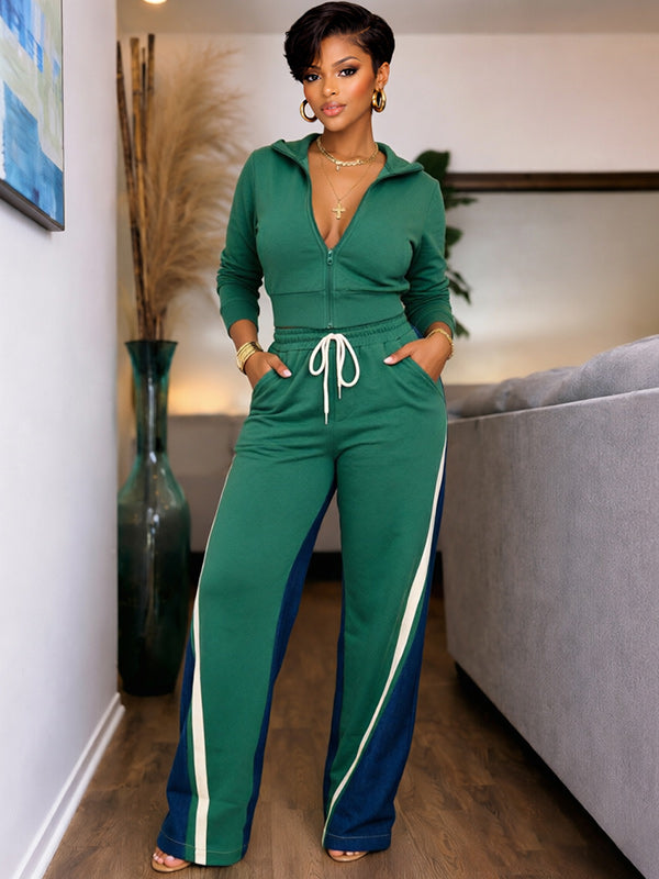 Zip-Front Top & Side-Stripe Pants Set
