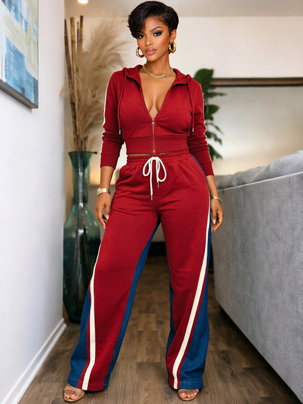 Zip-Front Top & Side-Stripe Pants Set