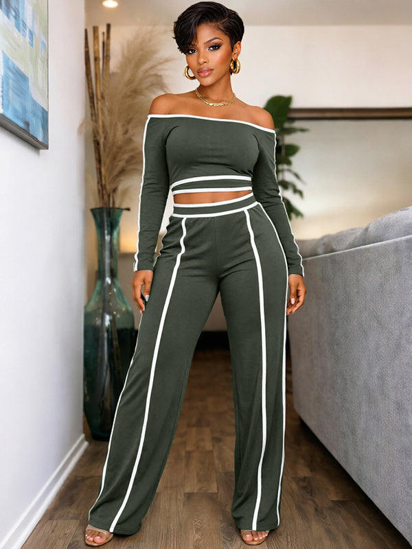 Piping Off-Shoulder Top & Pants Set