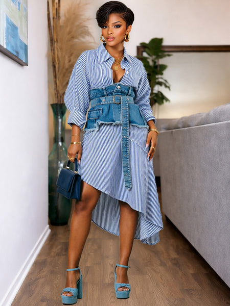 Stripe Shirt Dress with Denim Skirt Queenfy Stripe Shirt Dress with Denim Skirt Queenfy