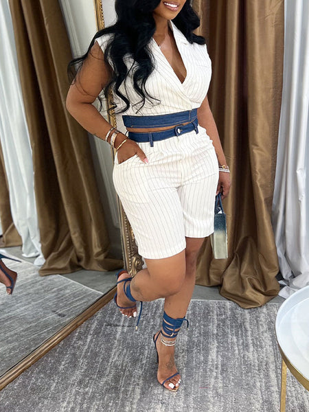 Denim Combo Stripe Vest & Shorts Set