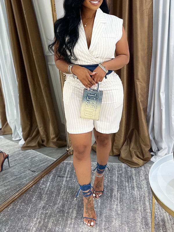 Denim Combo Stripe Vest & Shorts Set