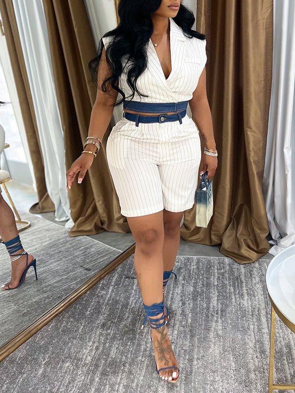 Denim Combo Stripe Vest & Shorts Set