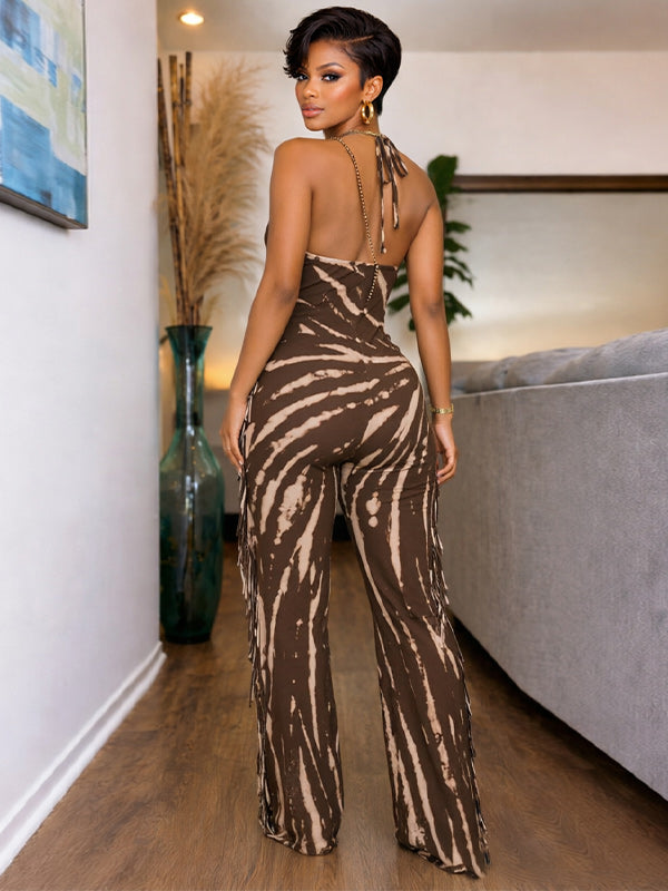 Printed Fringe Halter Jumpsuit