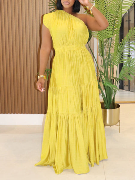 Solid One-Shoulder Ruffle Dress