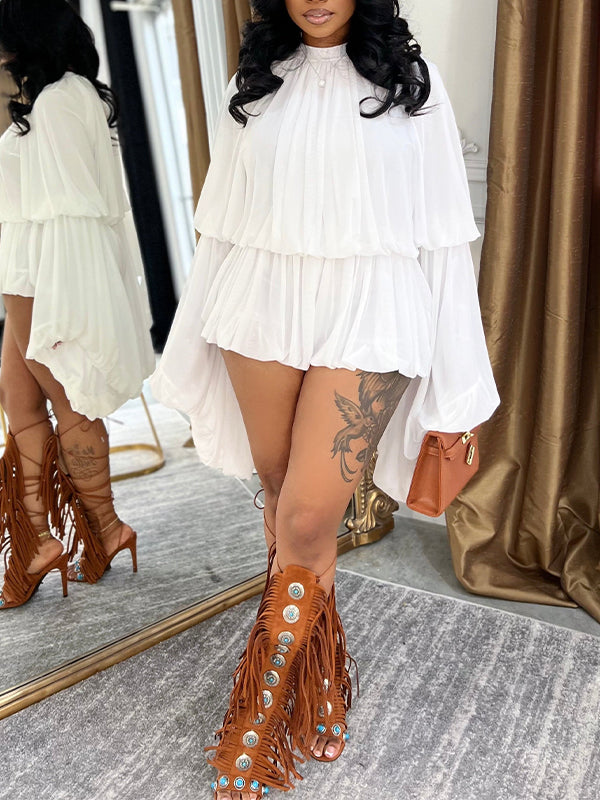 Bell-Sleeve Ruched Romper