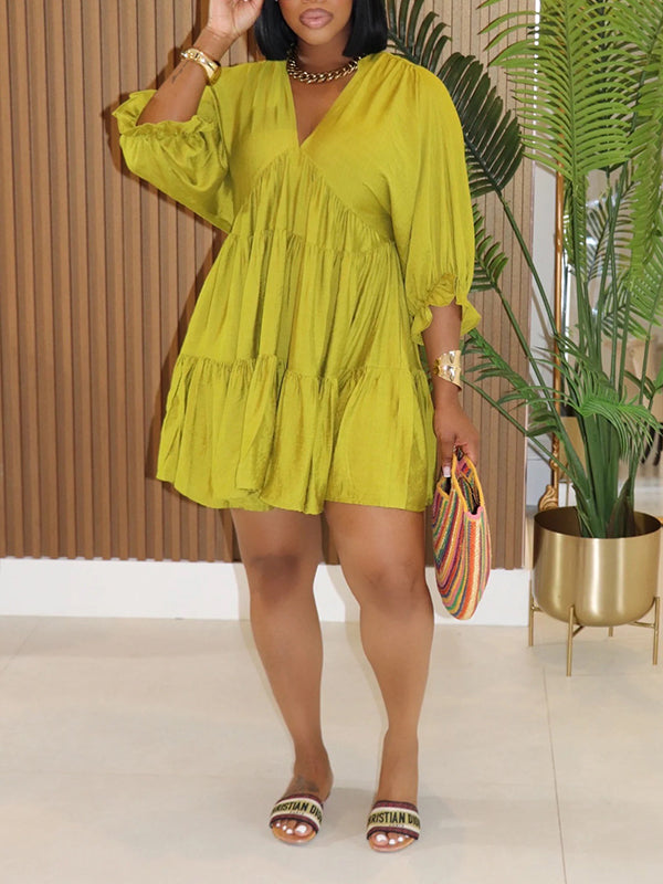 Solid V-Neck Ruffle Dress