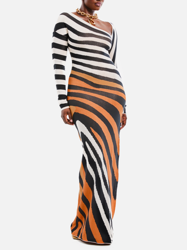 Stripe Asymmetric-Neck Maxi Dress