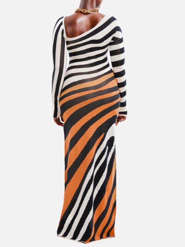 Stripe Asymmetric-Neck Maxi Dress