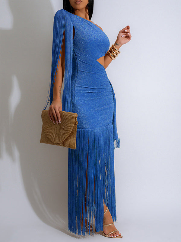 Fringe-Combo One-Shoulder Dress