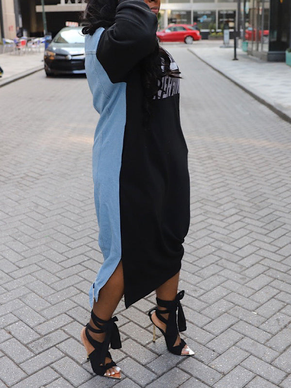 denim sweatshirt dress Pockets Long Sleeve Denim Hoodie, Dani Sweatshirt Mini Dress in Blue, Size XL, For Streetwear