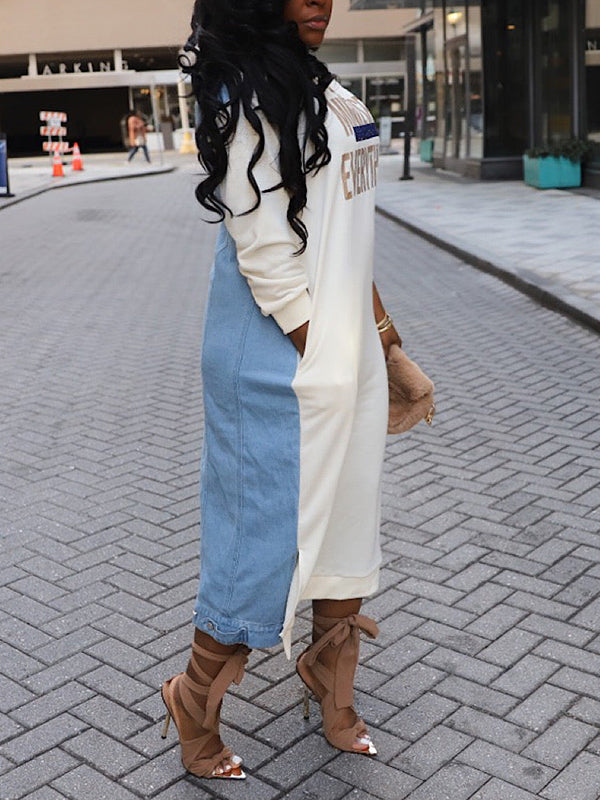 denim sweatshirt dress Pockets Long Sleeve Denim Hoodie, Dani Sweatshirt Mini Dress in Blue, Size XL, For Streetwear