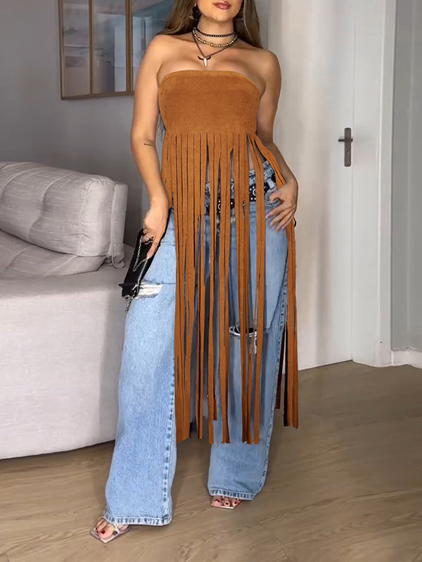 Fringe Strapless Tunic Top