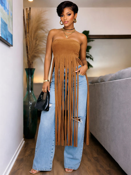 Fringe Strapless Tunic Top