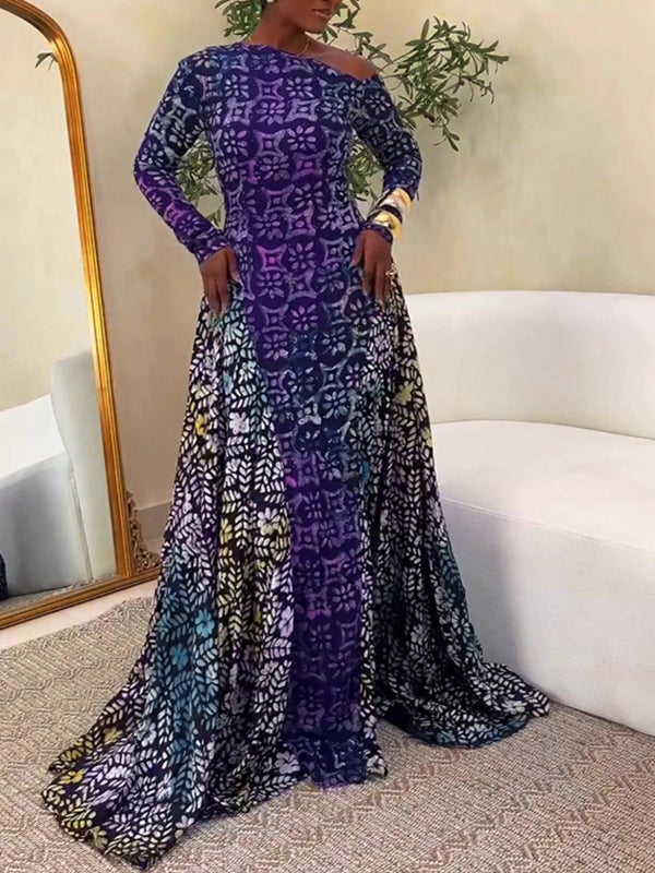 Printed Boat-Neck Maxi Dress