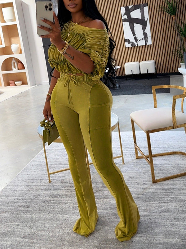 Ruched Boat-Neck Top & Pants Set