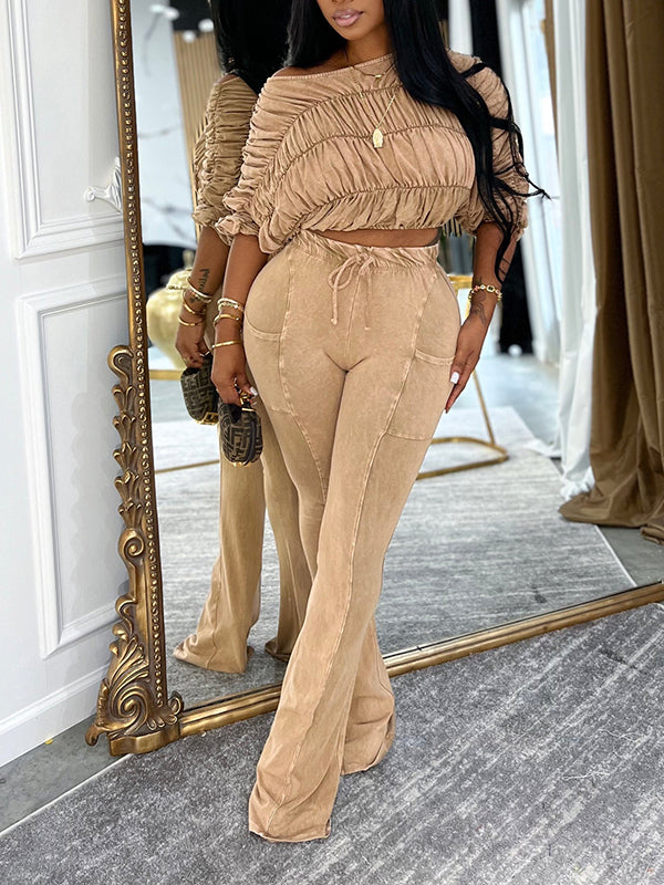 Ruched Boat-Neck Top & Pants Set