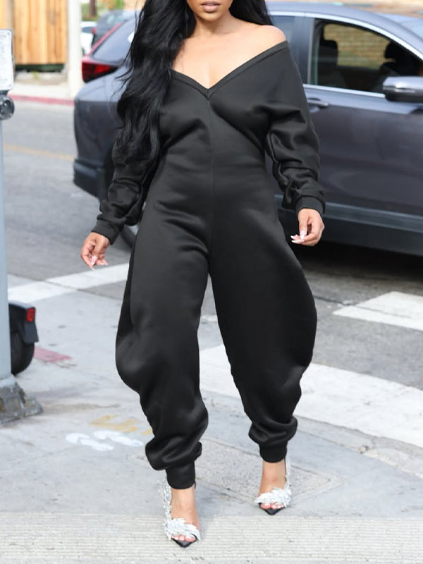 Solid V-Neck Jogger Jumpsuit