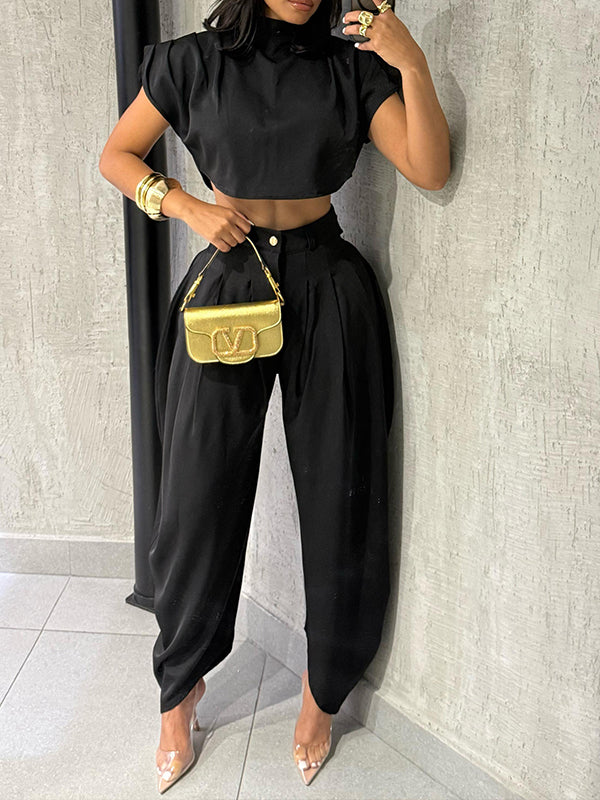 Solid Mock-Neck Top &amp; Heram Pants Set