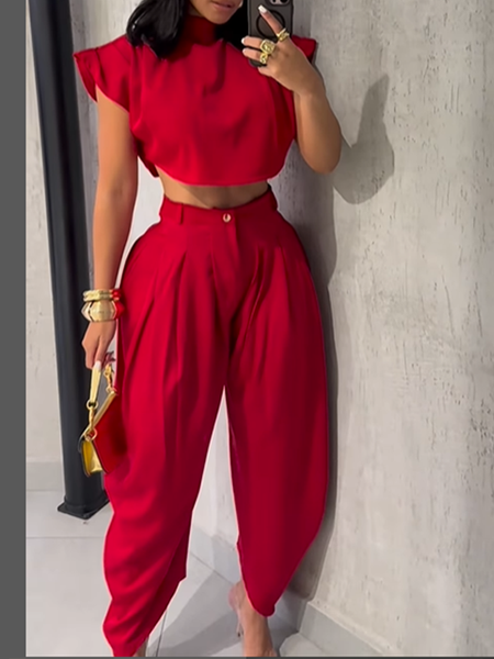 Solid Mock-Neck Top & Heram Pants Set