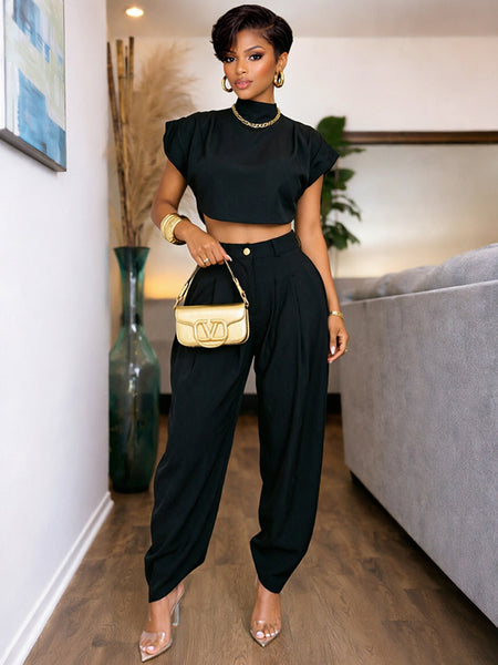 Solid Mock-Neck Top & Heram Pants Set