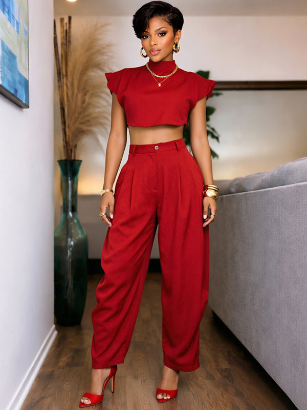Solid Mock-Neck Top & Heram Pants Set