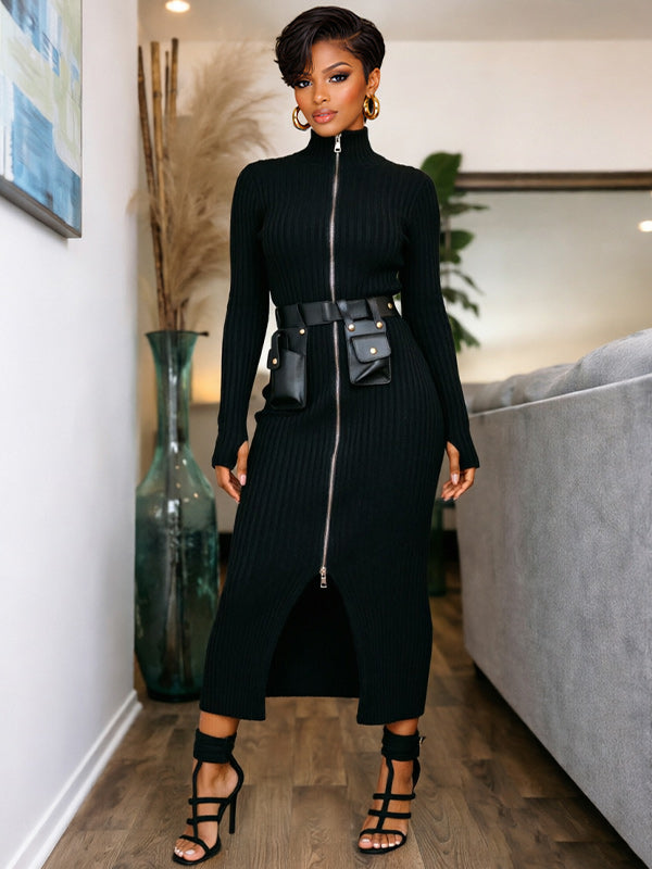 Zip-Front Ribbed Dress