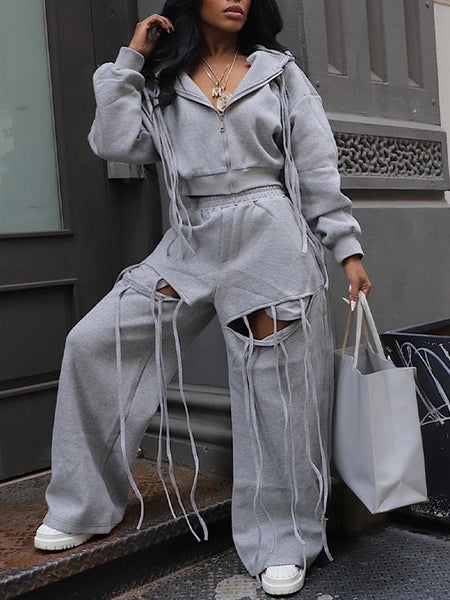 Zip-Front Hoodie & Wide-Leg Cutout Pants Set